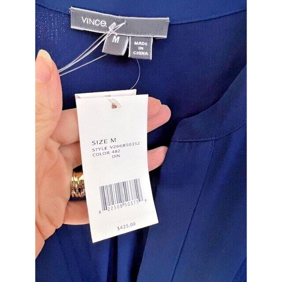 New VINCE Womens Medium M Long Blue Maxi Dress Long Sleeve V-Neck Retail $425 - Picture 3 of 12